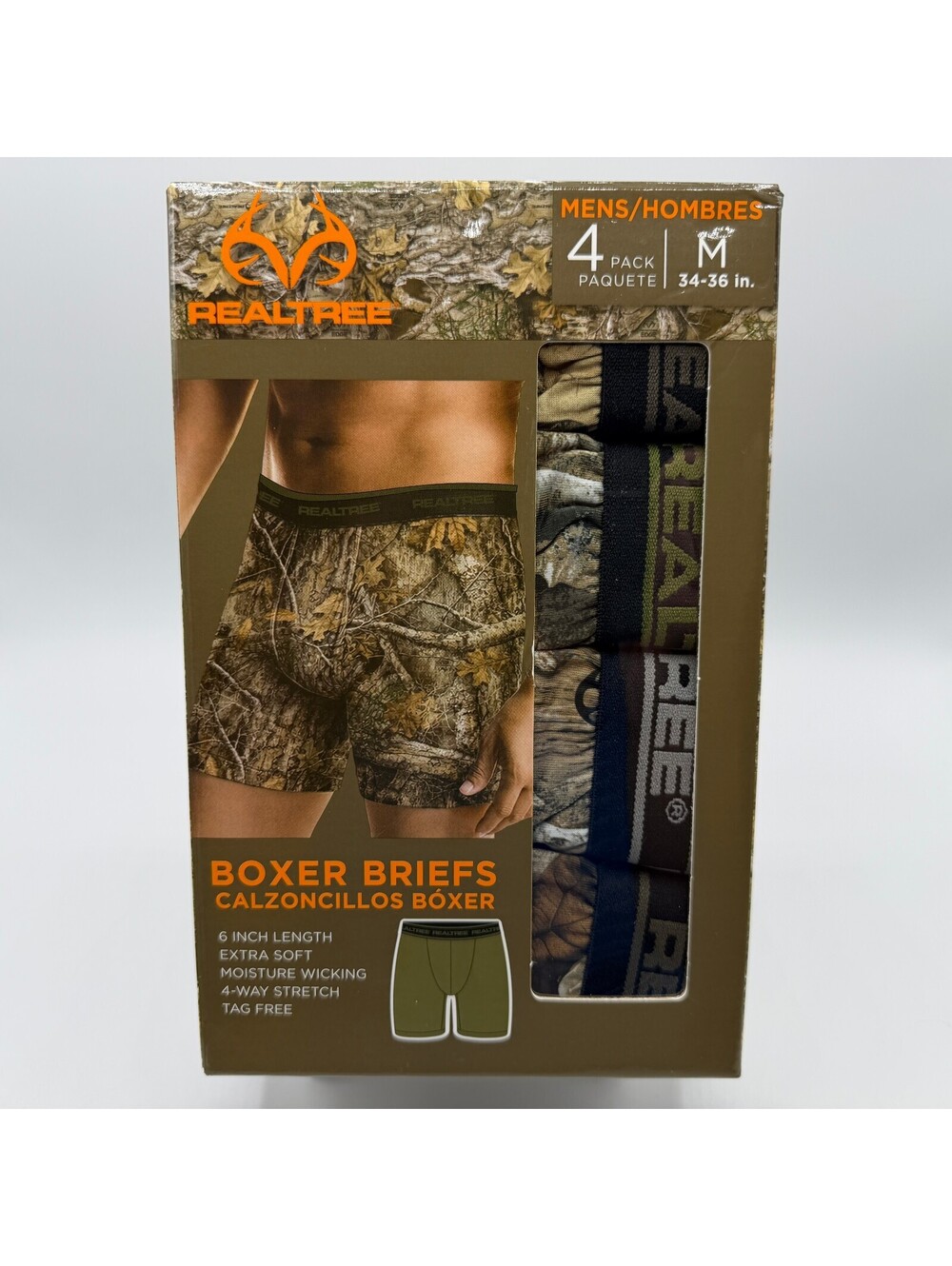 Realtree Men's Boxer Briefs 4 Pack M 34 - 36 Camo Moisture Wicking Tagless NEW